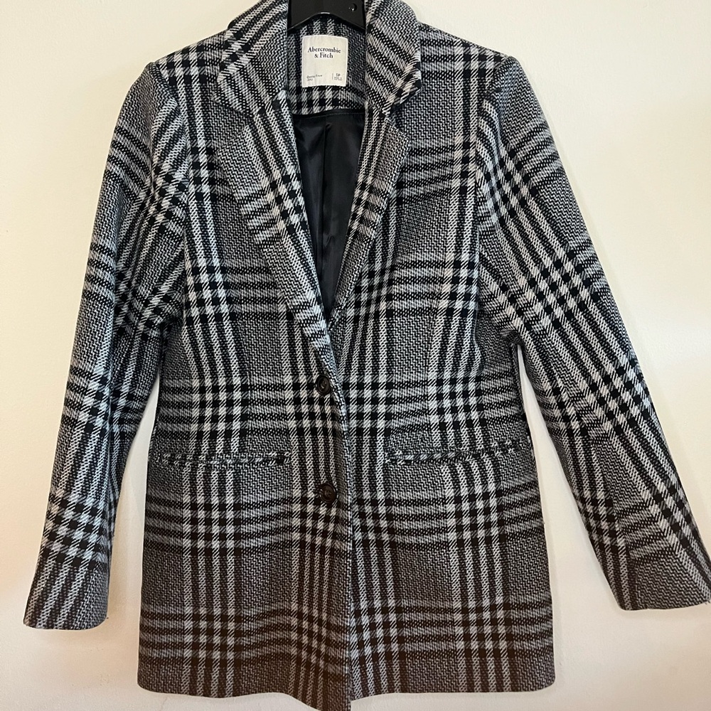 Abercrombie Wool Blend Blazer Coat In Gray/Black, White Plaid XS (original $200)